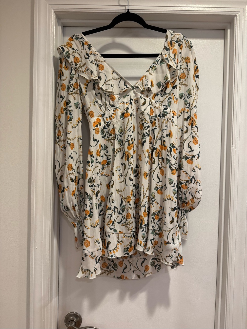 Free People White Floral Ruffle Mini Dress with Yellow Blooms